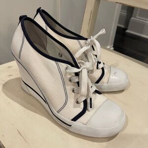 Guess White Canvas Wedge Sneakers with Navy Trim - Women's